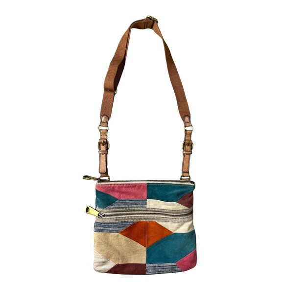 Vintage Fossil Canvas & Leather Patchwork Crossbody Handbag   BTS Hippie Boho - Picture 1 of 13